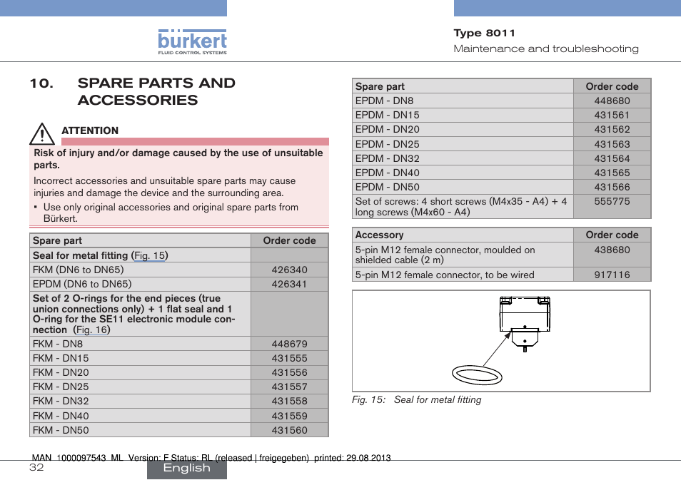 Spare parts and accessories | Burkert Type 8011 User Manual | Page 32 / 100