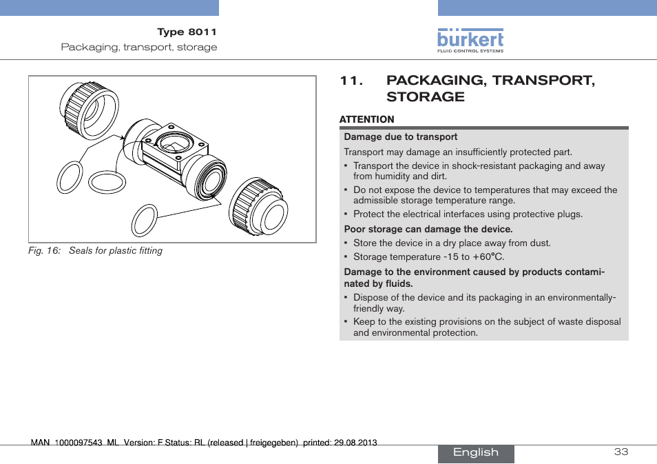 Packaging, transport, storage | Burkert Type 8011 User Manual | Page 33 / 100