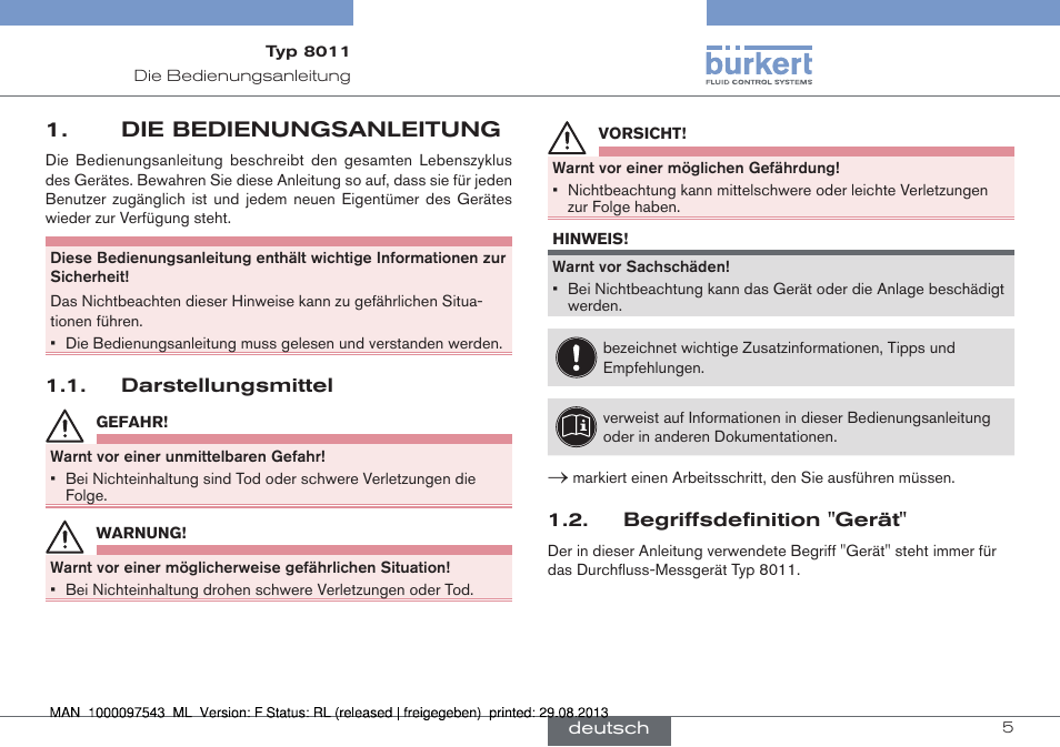 Die bedienungsanleitung, Darstellungsmittel, Begriffsdefinition "gerät | Burkert Type 8011 User Manual | Page 37 / 100