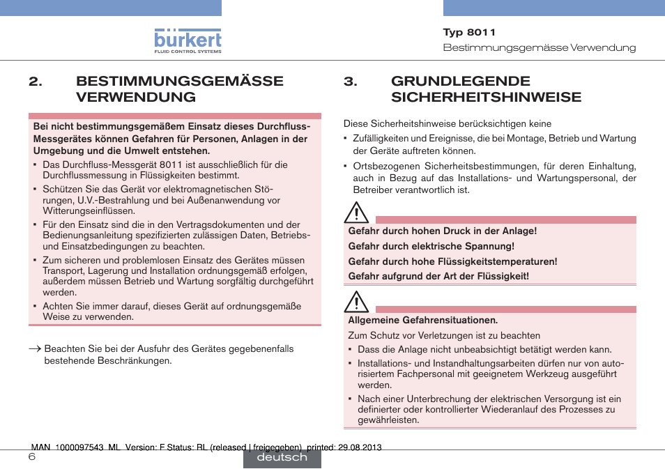 Bestimmungsgemässe verwendung, Grundlegende sicherheitshinweise | Burkert Type 8011 User Manual | Page 38 / 100