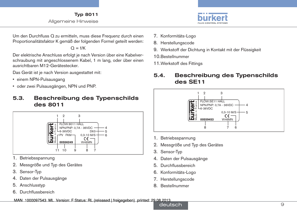 Beschreibung des typenschilds des 8011, Beschreibung des typenschilds des se11 | Burkert Type 8011 User Manual | Page 41 / 100