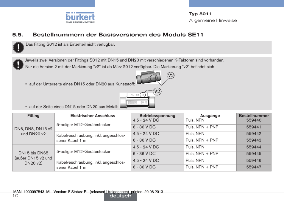 Bestellnummern der basisversionen des moduls se11, Bestellnummern der basisversionen des moduls, Se11 | Burkert Type 8011 User Manual | Page 42 / 100