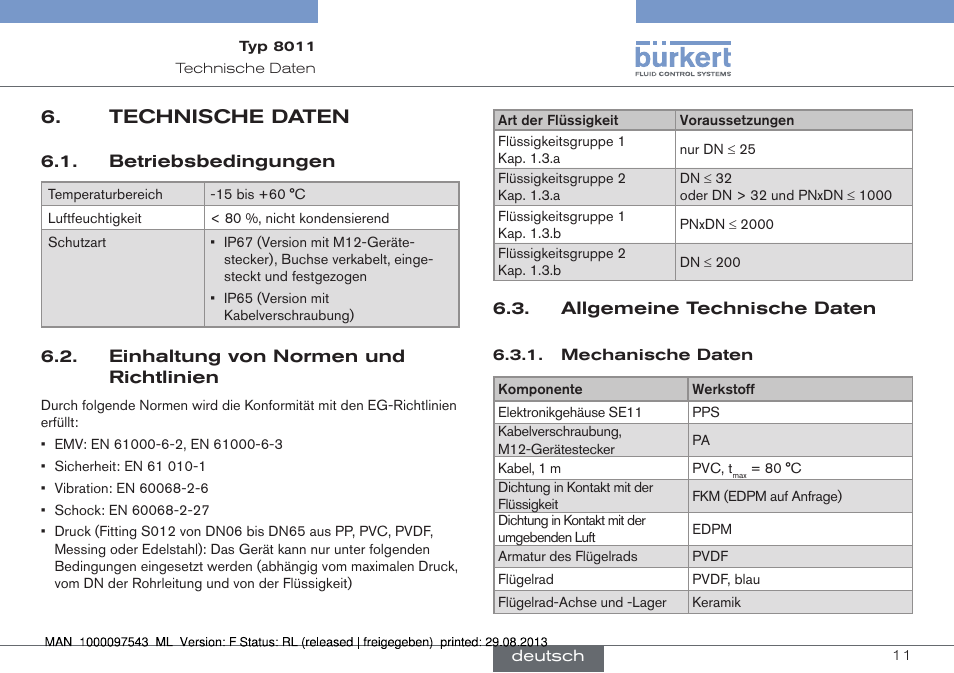 Technische daten, Betriebsbedingungen, Einhaltung von normen und richtlinien | Allgemeine technische daten, Mechanische daten | Burkert Type 8011 User Manual | Page 43 / 100