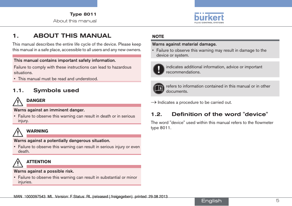About this manual, Symbols used, Definition of the word "device | Burkert Type 8011 User Manual | Page 5 / 100