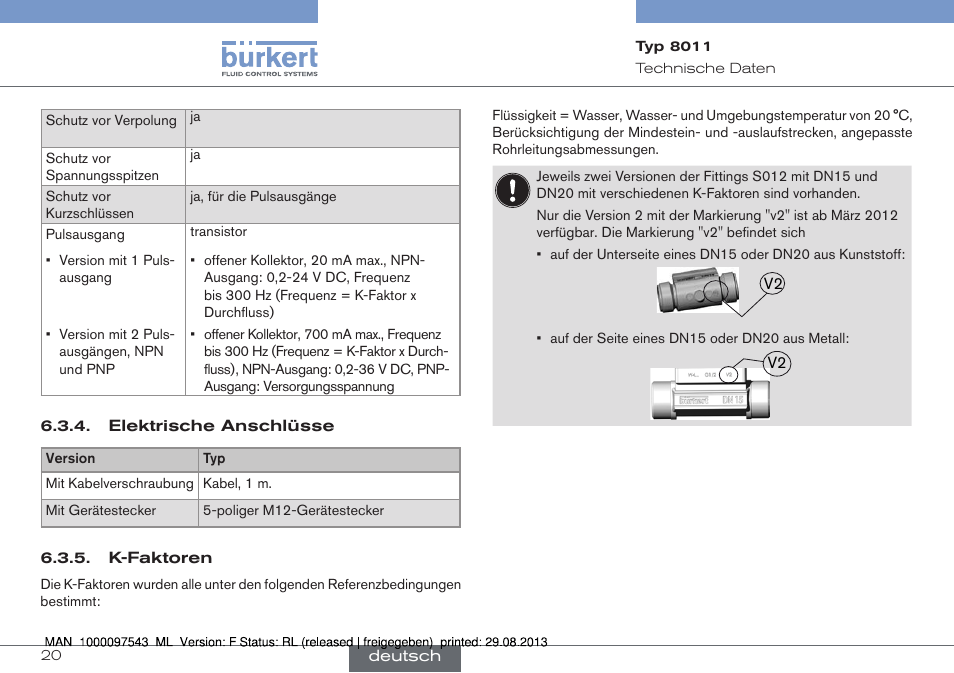 Elektrische anschlüsse, K-faktoren | Burkert Type 8011 User Manual | Page 52 / 100