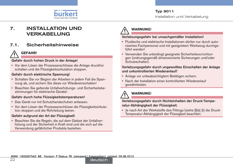 Installation und verkabelung, Sicherheitshinweise | Burkert Type 8011 User Manual | Page 54 / 100