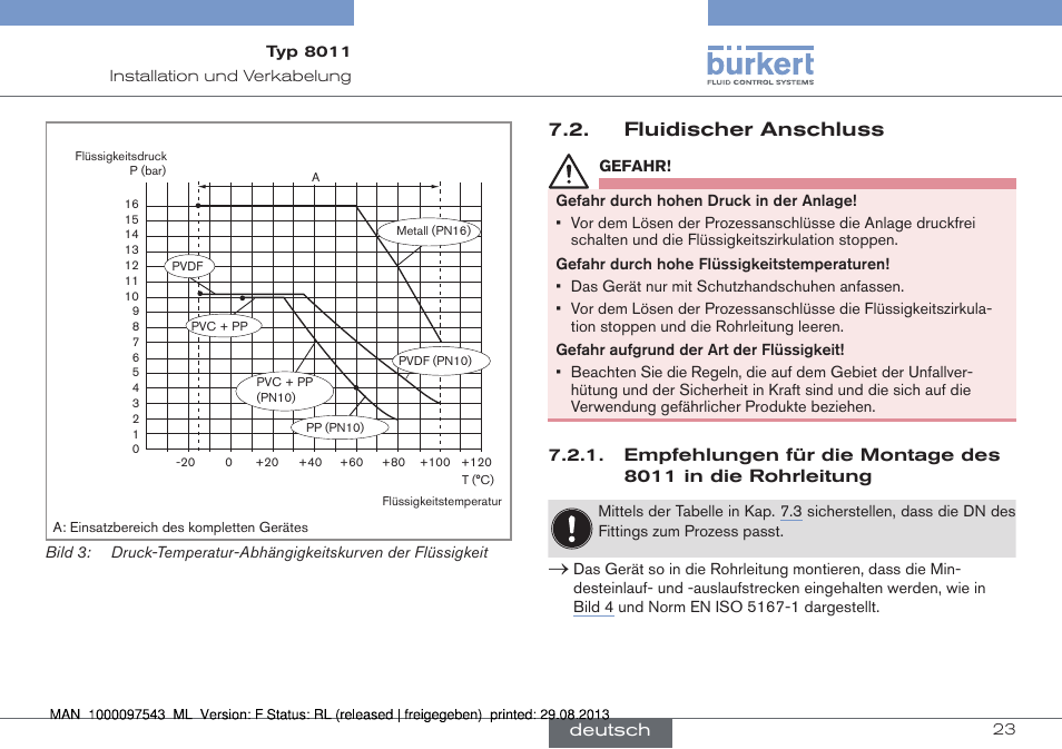 Fluidischer anschluss, Empfehlungen für die montage des 8011 in die, Rohrleitung | Burkert Type 8011 User Manual | Page 55 / 100