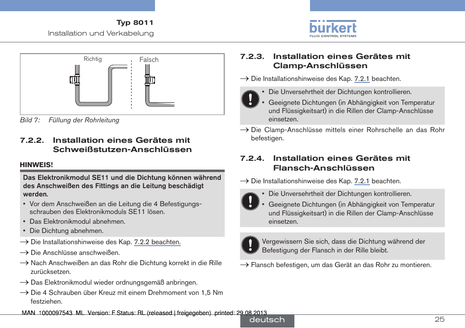 Installation eines gerätes mit clamp-anschlüssen, Installation eines gerätes mit flansch-anschlüssen, Installation eines gerätes mit schweißstutzen | Anschlüssen | Burkert Type 8011 User Manual | Page 57 / 100