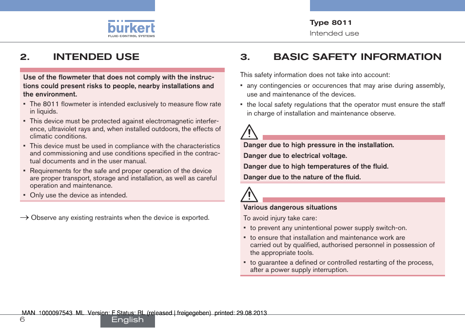 Intended use, Basic safety information | Burkert Type 8011 User Manual | Page 6 / 100