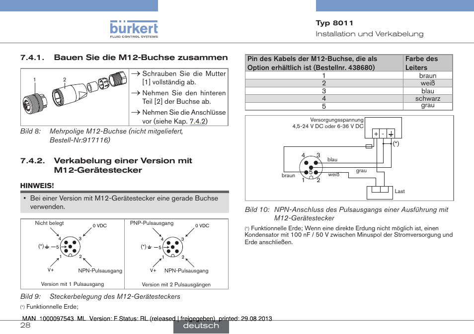 Bauen sie die m12-buchse zusammen, Verkabelung einer version mit m12-gerätestecker | Burkert Type 8011 User Manual | Page 60 / 100