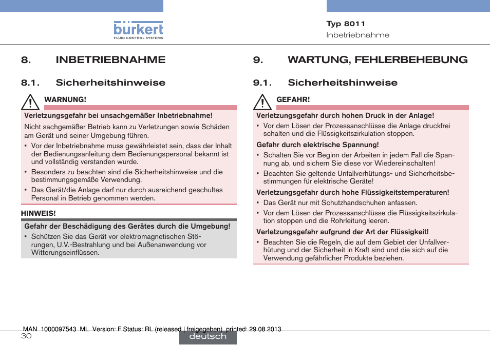 Inbetriebnahme, Sicherheitshinweise, Wartung, fehlerbehebung | Burkert Type 8011 User Manual | Page 62 / 100