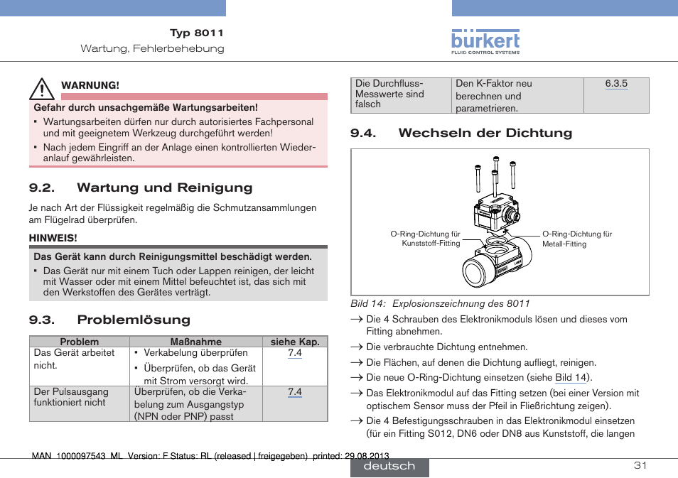 Wartung und reinigung, Problemlösung, Wechseln der dichtung | Burkert Type 8011 User Manual | Page 63 / 100