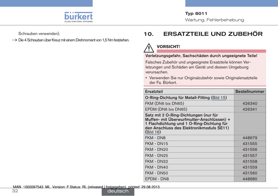 Ersatzteile und zubehör | Burkert Type 8011 User Manual | Page 64 / 100