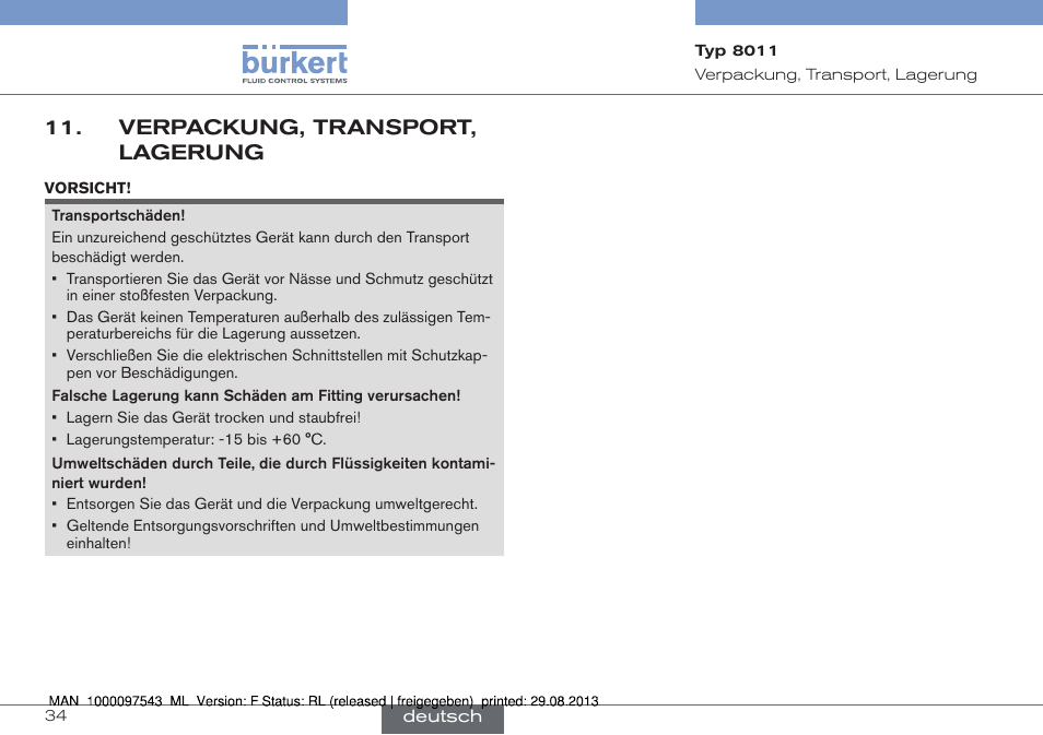 Verpackung, transport, lagerung | Burkert Type 8011 User Manual | Page 66 / 100