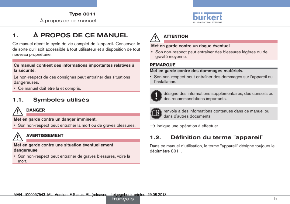 À propos de ce manuel, Symboles utilisés, Définition du terme "appareil | Burkert Type 8011 User Manual | Page 69 / 100