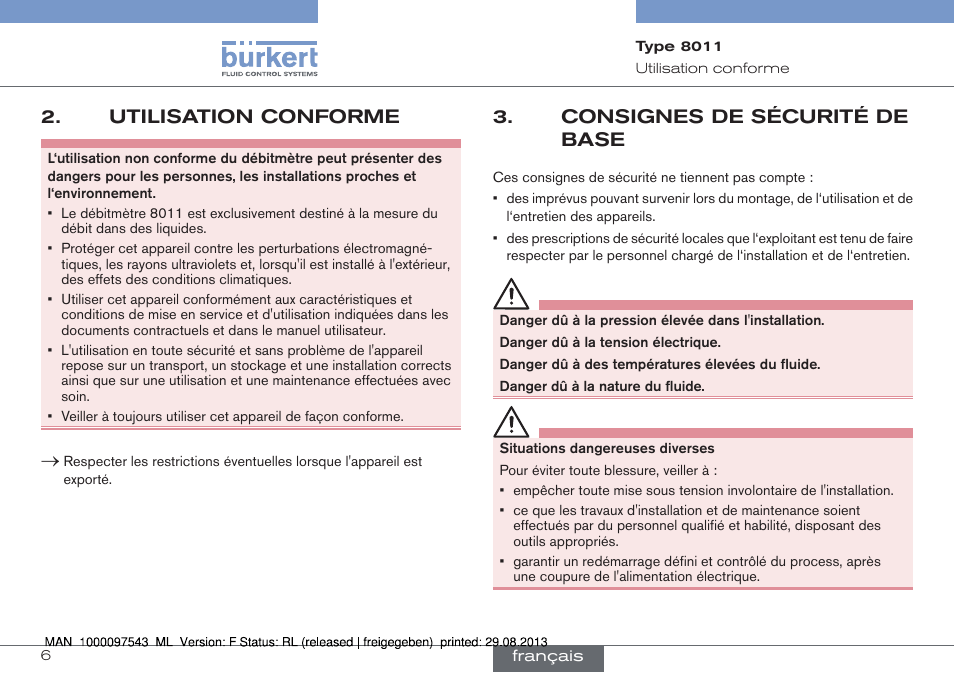 Utilisation conforme, Consignes de sécurité de base | Burkert Type 8011 User Manual | Page 70 / 100
