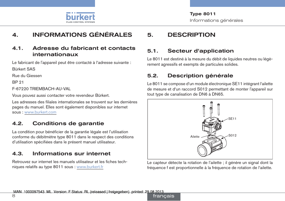 Informations générales, Adresse du fabricant et contacts internationaux, Conditions de garantie | Informations sur internet, Description, Secteur d‘application, Description générale | Burkert Type 8011 User Manual | Page 72 / 100