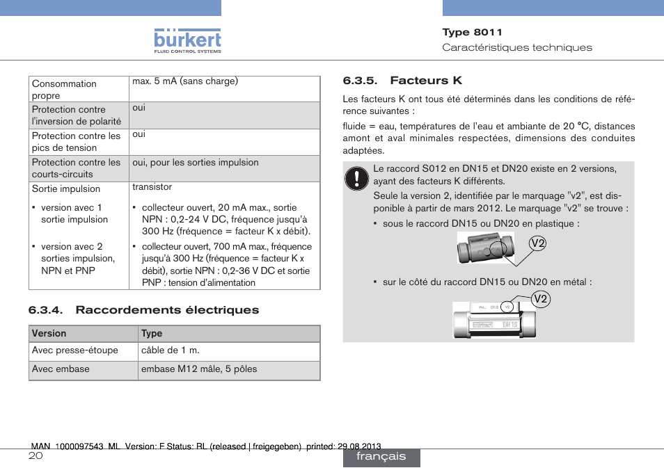 Raccordements électriques, Facteurs k | Burkert Type 8011 User Manual | Page 84 / 100