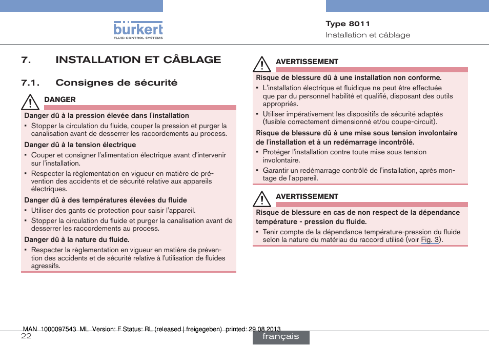 Installation et câblage, Consignes de sécurité | Burkert Type 8011 User Manual | Page 86 / 100