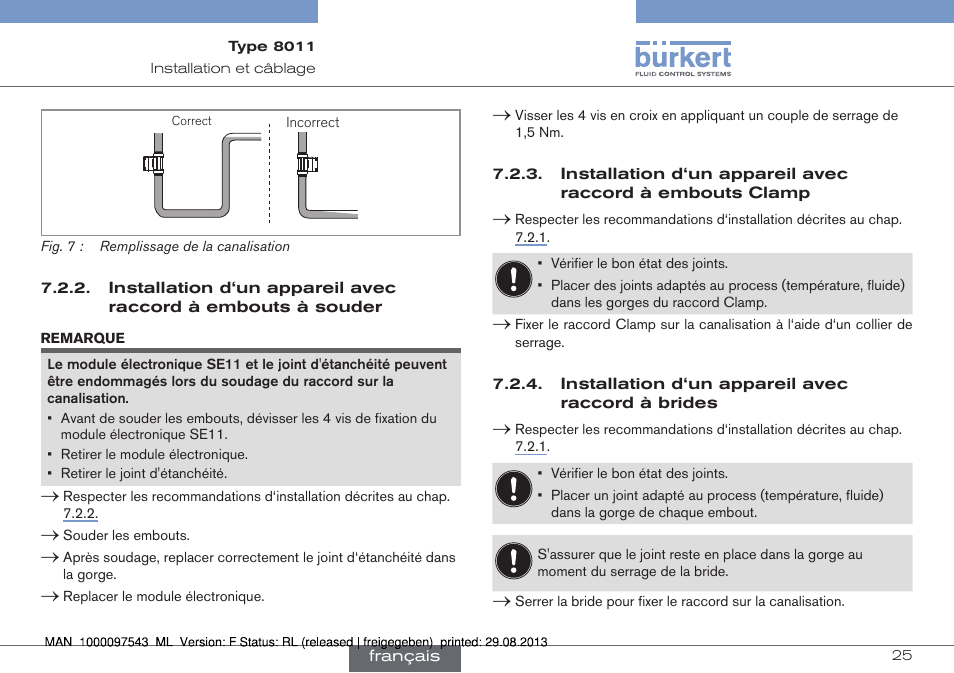 Installation d‘un appareil avec raccord à brides, Installation d‘un appareil avec raccord à, Embouts à souder | Embouts clamp | Burkert Type 8011 User Manual | Page 89 / 100