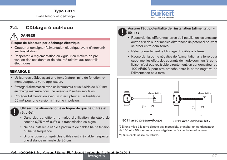 Câblage électrique | Burkert Type 8011 User Manual | Page 91 / 100