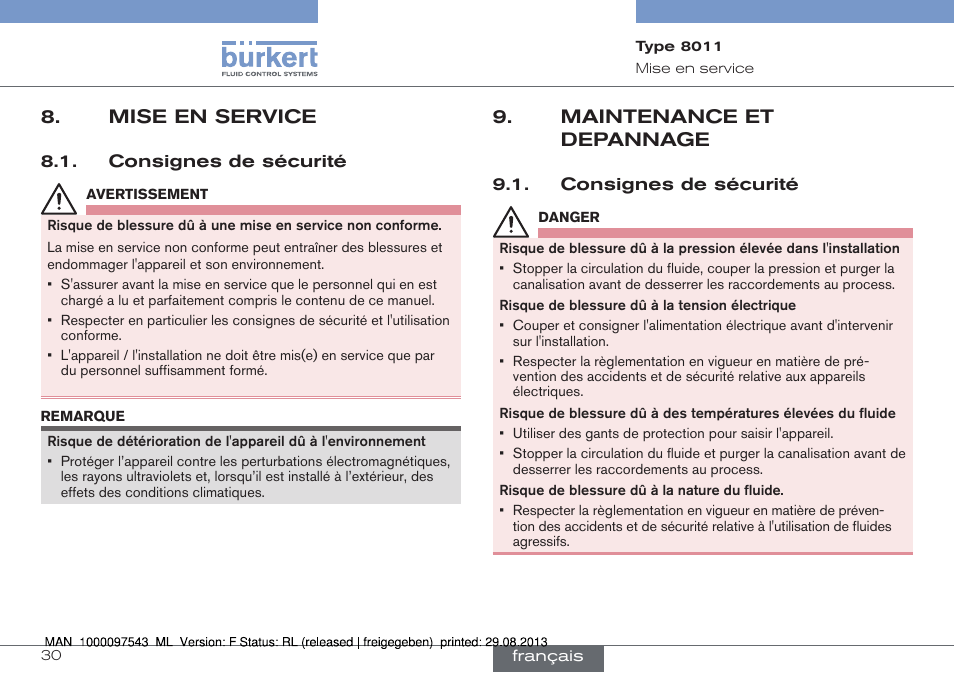 Mise en service, Consignes de sécurité, Maintenance et depannage | Burkert Type 8011 User Manual | Page 94 / 100