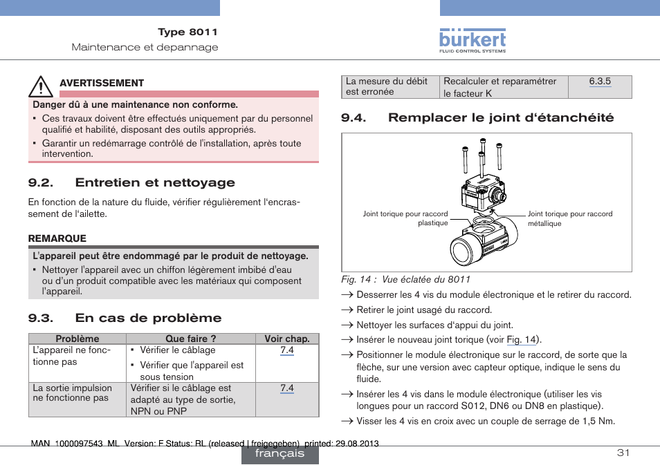 Entretien et nettoyage, En cas de problème, Remplacer le joint d‘étanchéité | Burkert Type 8011 User Manual | Page 95 / 100