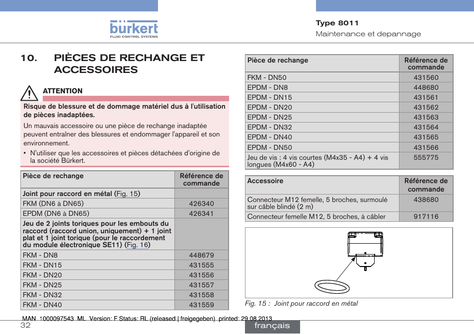 Pièces de rechange et accessoires | Burkert Type 8011 User Manual | Page 96 / 100