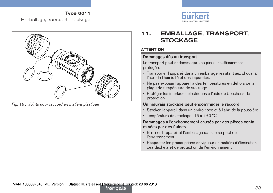 Emballage, transport, stockage | Burkert Type 8011 User Manual | Page 97 / 100