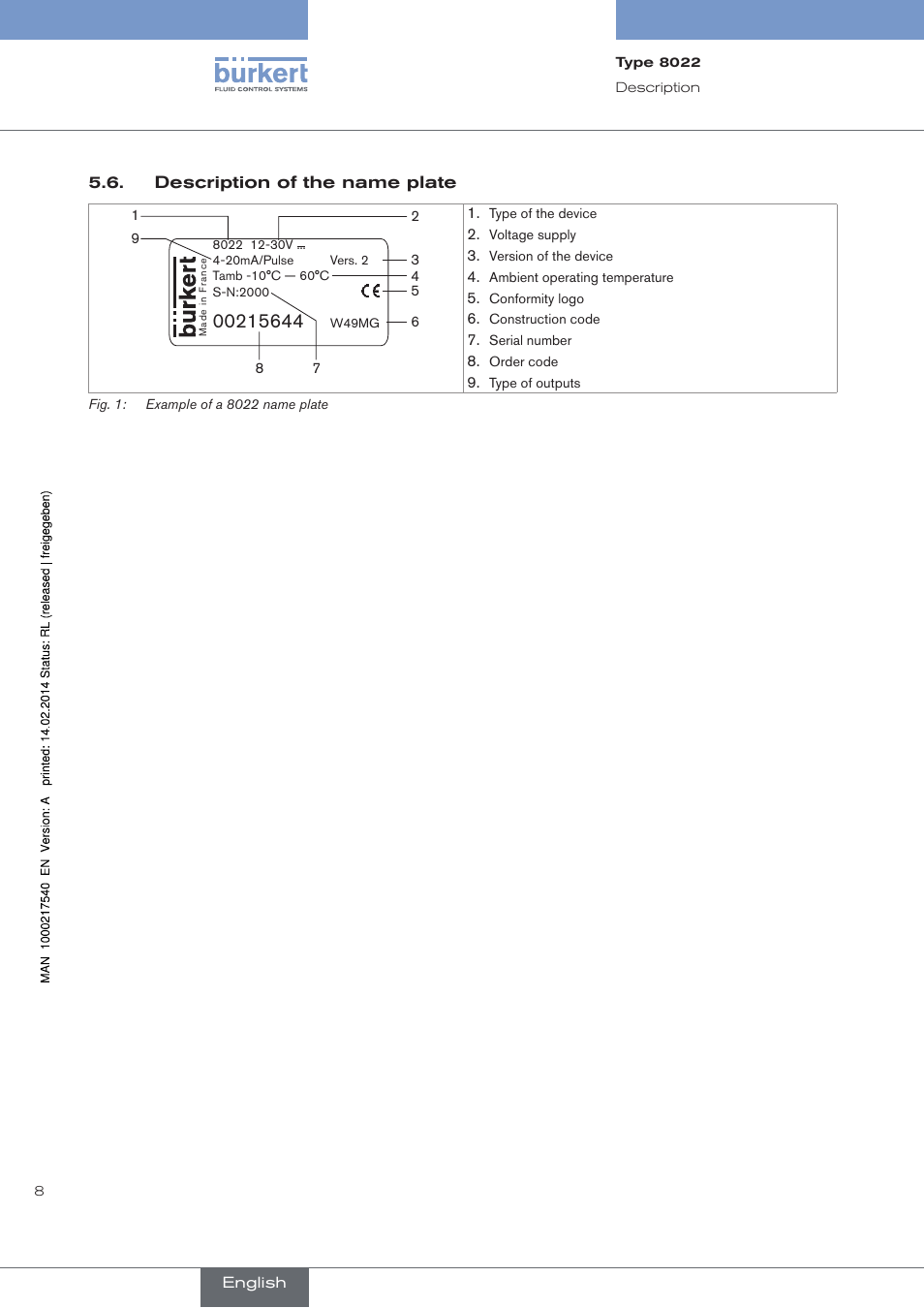 Description of the name plate | Burkert Type 8070 User Manual | Page 10 / 26