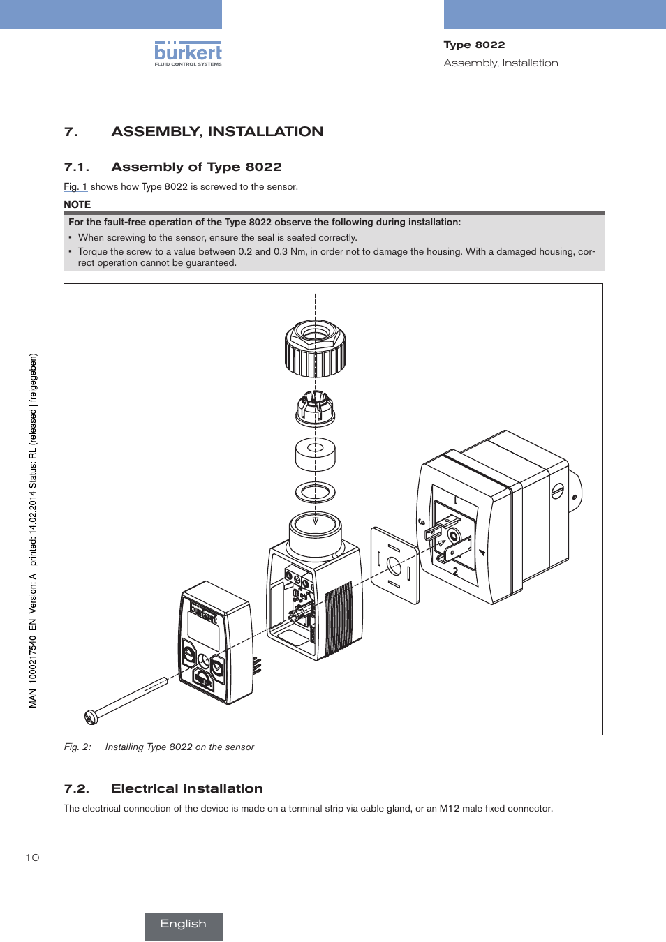 Assembly, installation, Assembly of type 8022, Electrical installation | Burkert Type 8070 User Manual | Page 12 / 26
