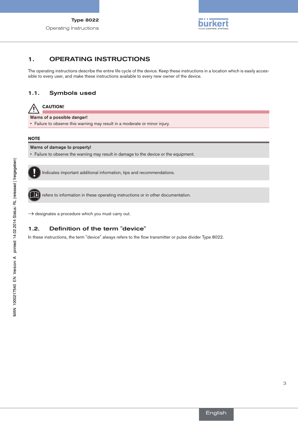 Operating instructions, Symbols used, Definition of the term "device | Burkert Type 8070 User Manual | Page 5 / 26