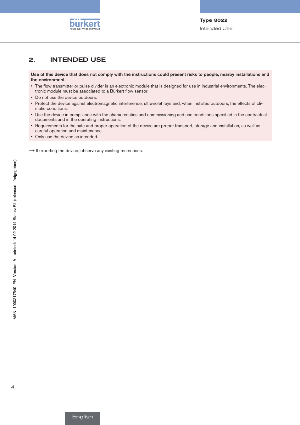 Intended use | Burkert Type 8070 User Manual | Page 6 / 26