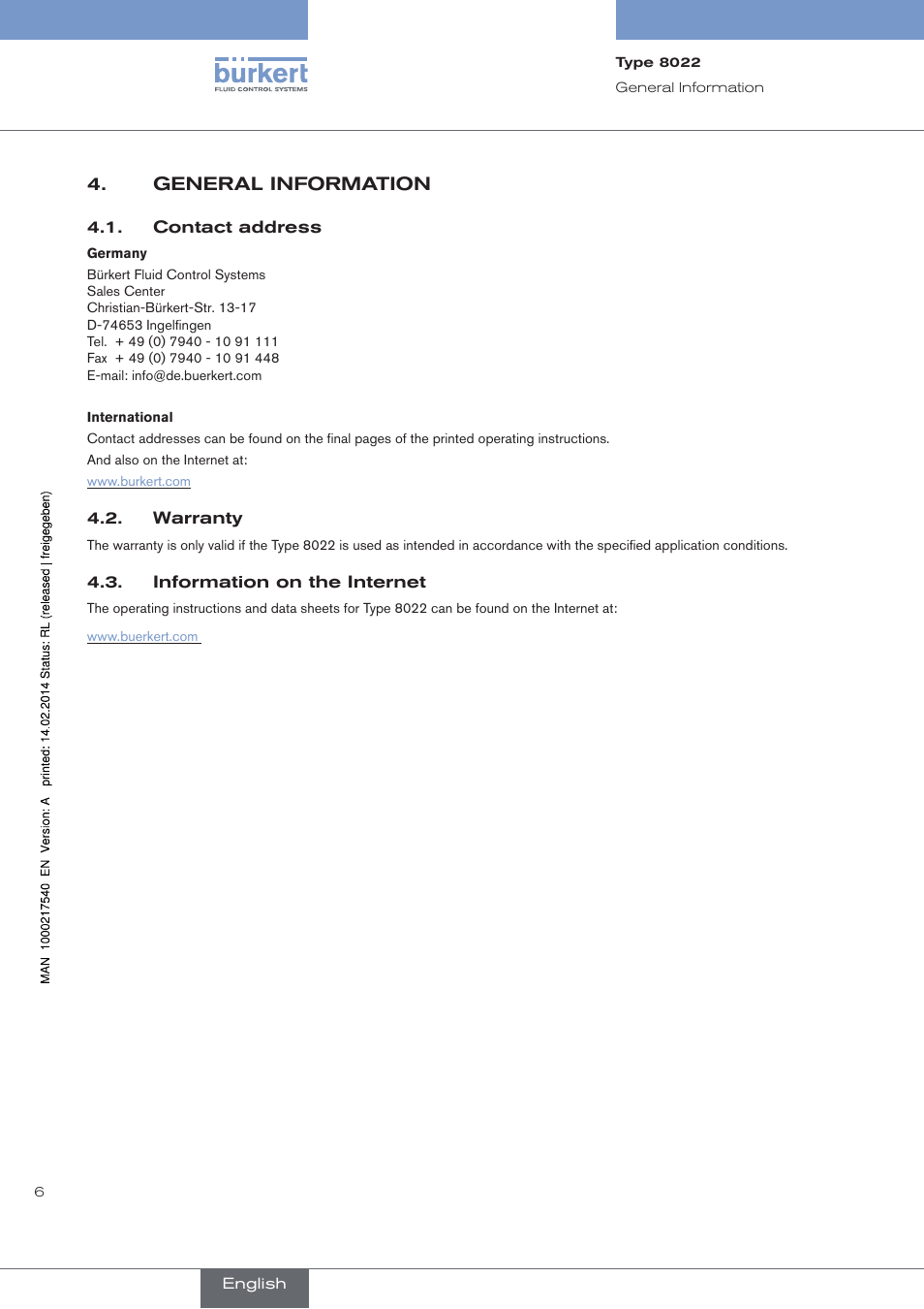 General information, Contact address, Warranty | Information on the internet | Burkert Type 8070 User Manual | Page 8 / 26