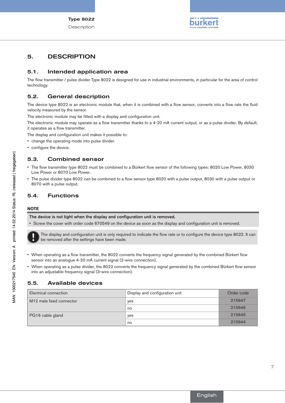 Description, Intended application area, General description | Combined sensor, Functions, Available devices | Burkert Type 8070 User Manual | Page 9 / 26