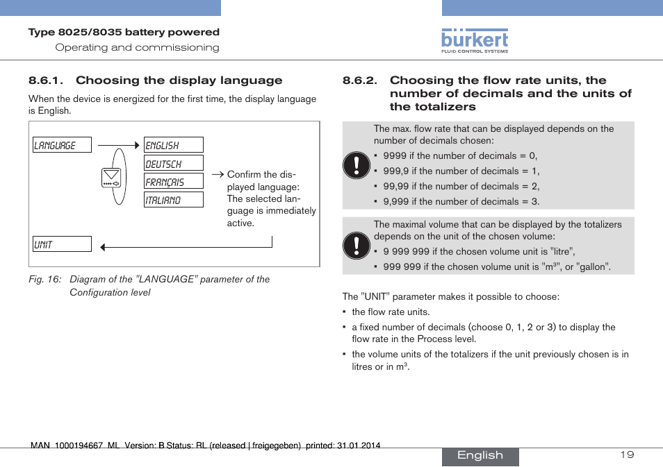 Choosing the display language, Decimals and the units of the totalizers | Burkert Type 8035 User Manual | Page 21 / 88