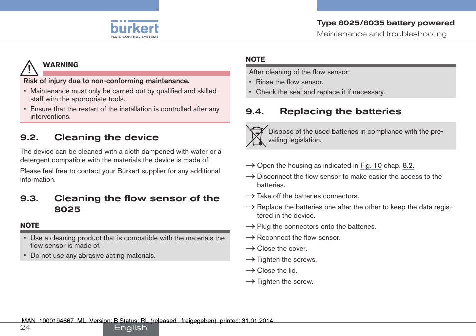 Cleaning the device, Cleaning the flow sensor of the 8025, Replacing the batteries | Burkert Type 8035 User Manual | Page 26 / 88