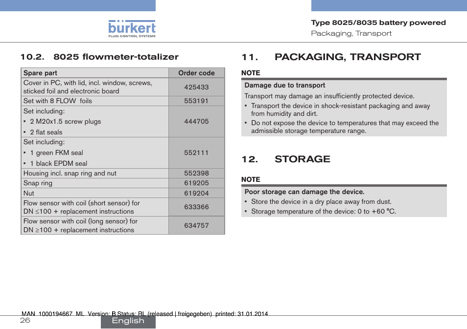 8025 flowmeter-totalizer, Packaging, transport, Storage | Burkert Type 8035 User Manual | Page 28 / 88