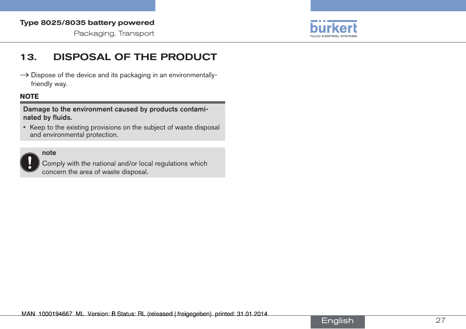 Disposal of the product | Burkert Type 8035 User Manual | Page 29 / 88