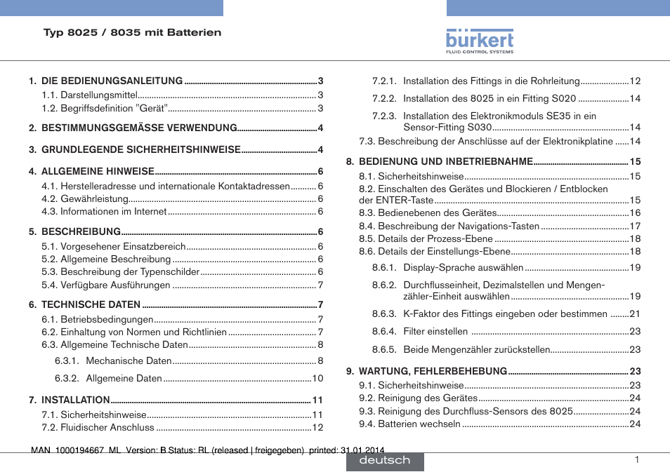 Deutsch | Burkert Type 8035 User Manual | Page 31 / 88