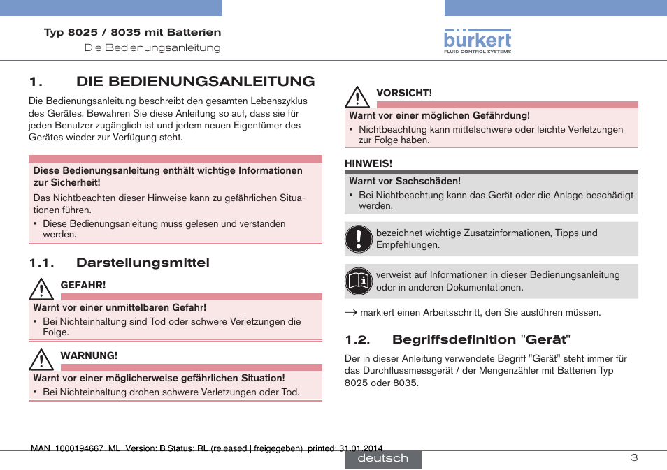 Die bedienungsanleitung, Darstellungsmittel, Begriffsdefinition "gerät | Darstellungsmittel 1.2. begriffsdefinition "gerät | Burkert Type 8035 User Manual | Page 33 / 88