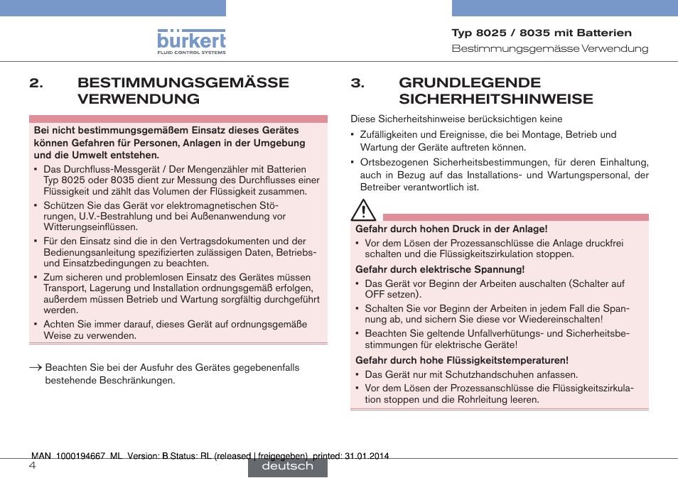 Bestimmungsgemässe verwendung, Grundlegende sicherheitshinweise | Burkert Type 8035 User Manual | Page 34 / 88