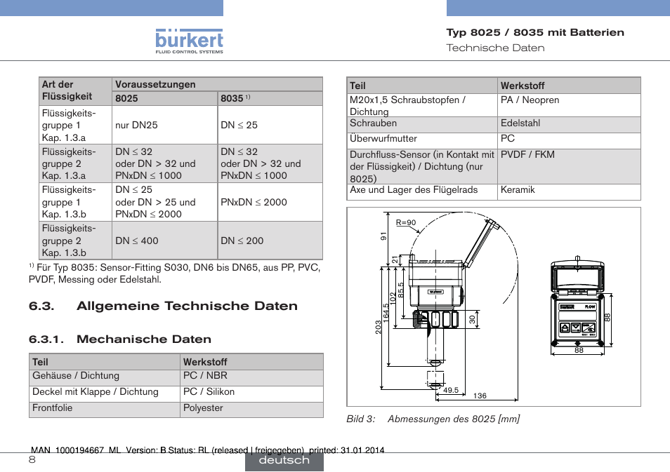 Allgemeine technische daten, Mechanische daten | Burkert Type 8035 User Manual | Page 38 / 88