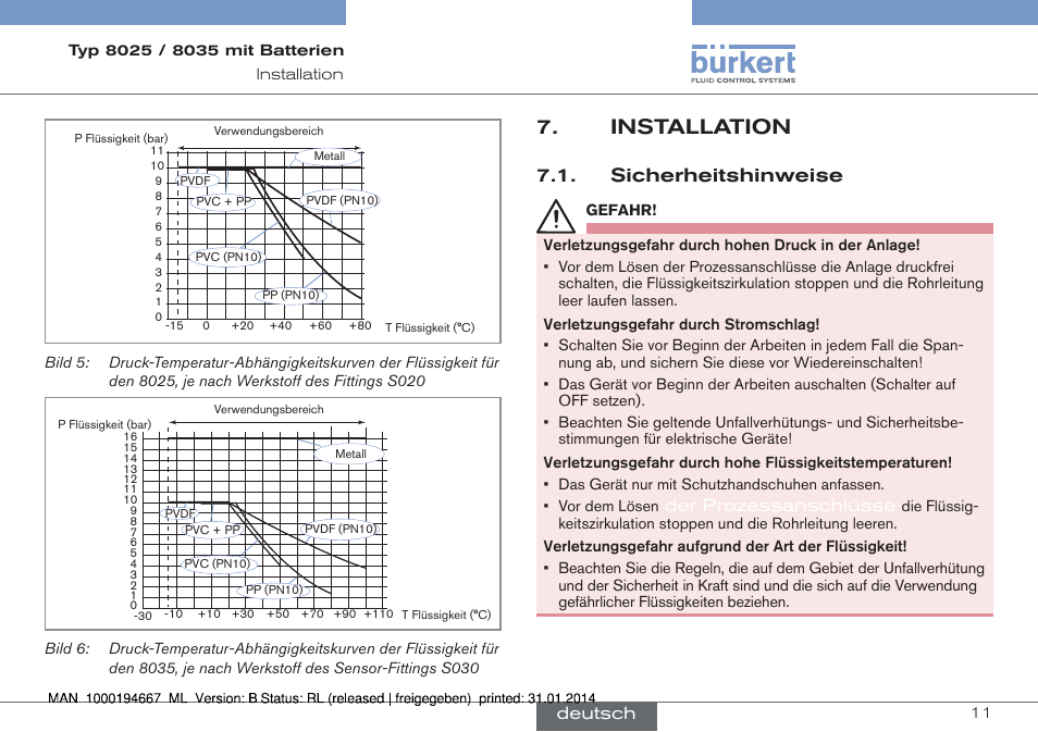 Installation, Sicherheitshinweise, Der prozessanschlüsse | Deutsch | Burkert Type 8035 User Manual | Page 41 / 88