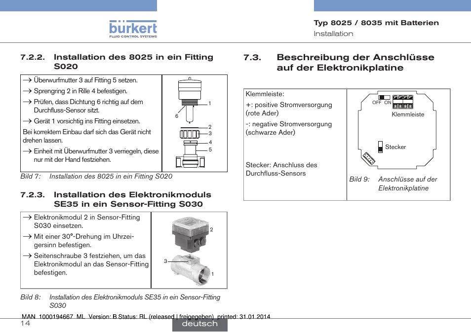 Installation des 8025 in ein fitting s020, Sensor-fitting s030 | Burkert Type 8035 User Manual | Page 44 / 88