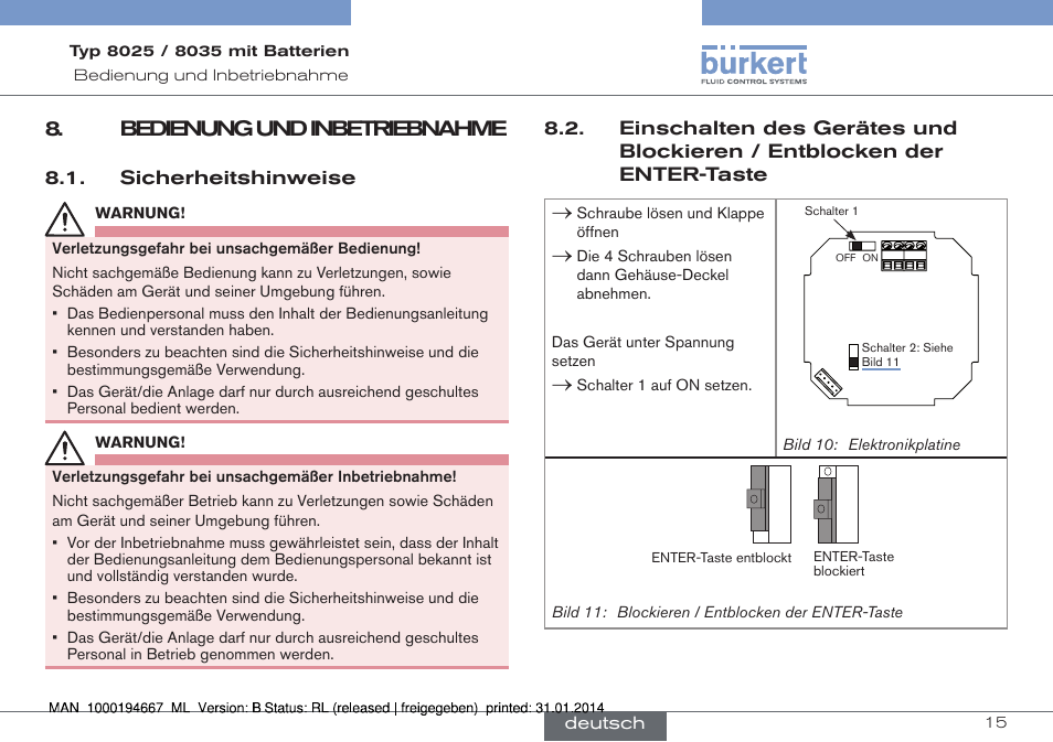 Bedienung und inbetriebnahme, Sicherheitshinweise, Der enter-taste | Burkert Type 8035 User Manual | Page 45 / 88