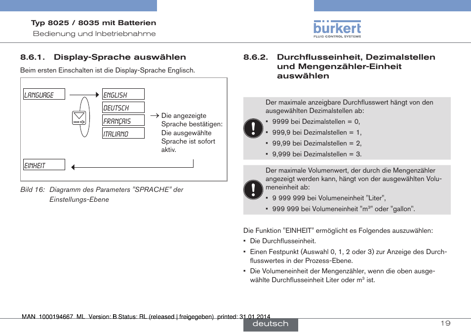 Display-sprache auswählen, Zähler-einheit auswählen | Burkert Type 8035 User Manual | Page 49 / 88