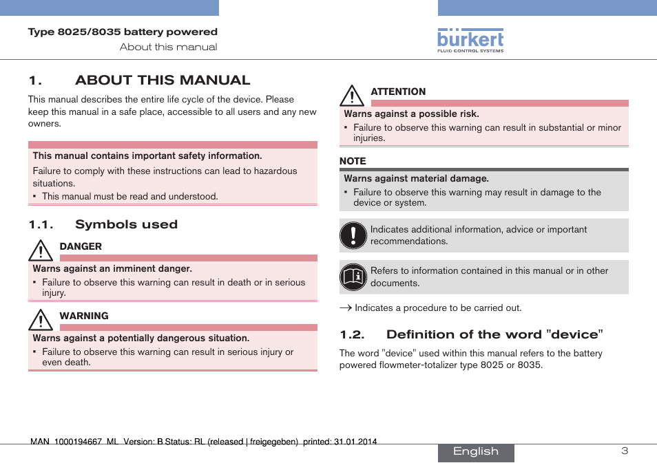 About this manual, Symbols used, Definition of the word "device | Symbols used 1.2. definition of the word "device | Burkert Type 8035 User Manual | Page 5 / 88
