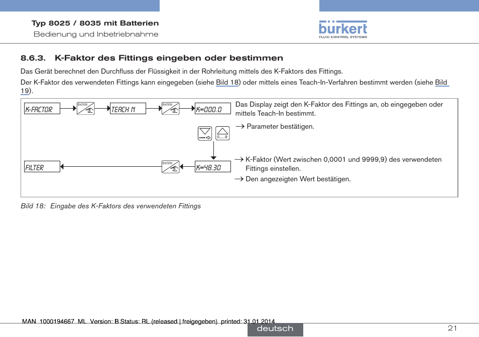 K-faktor des fittings eingeben oder bestimmen | Burkert Type 8035 User Manual | Page 51 / 88