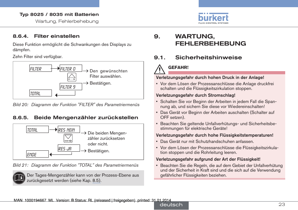 Filter einstellen, Beide mengenzähler zurückstellen, Wartung, fehlerbehebung | Sicherheitshinweise | Burkert Type 8035 User Manual | Page 53 / 88